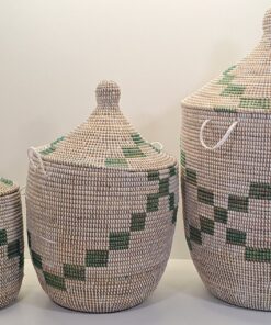 CONJUNTO TEGELE ~ CESTA CON TAPA TRADICIONAL BLANCO Y VERDE – 3 Uds.