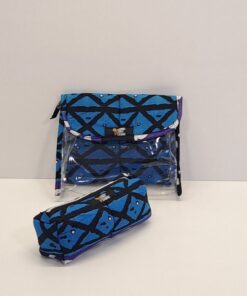Set de Aseo "Geometría Azul" – Neceser Transparente y Estuche de Tela Wax