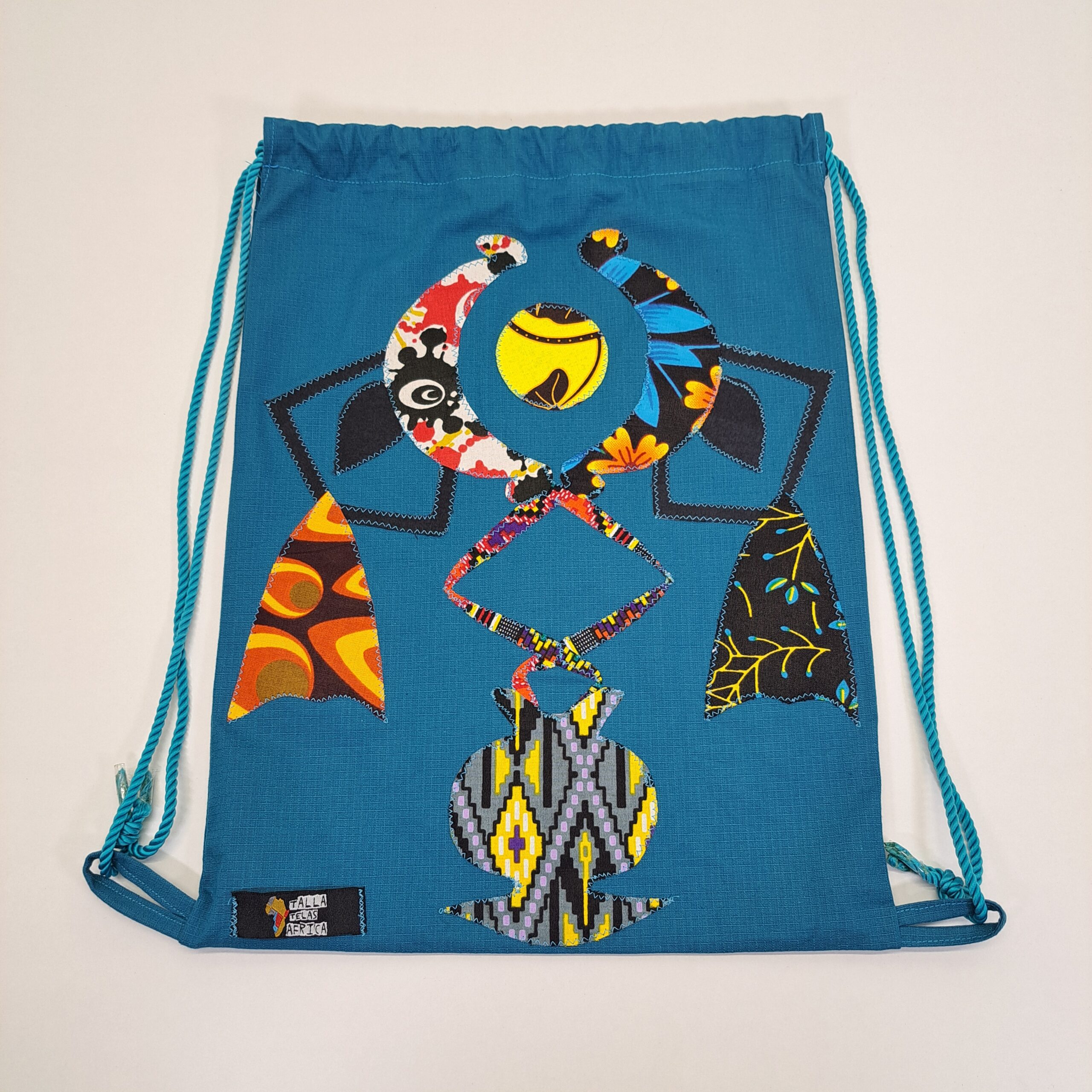 Mochila de Cordones "Dibujo de la Paz" – Arte Textil en Mosaico Wax (Azul Turquesa)