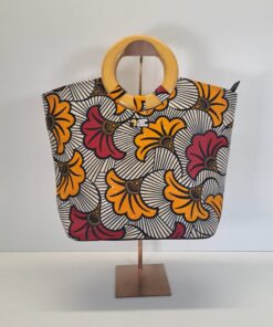 Bolso Tote "Jardín Floral" – Print Africano Mostaza y Granate con Asas de Madera