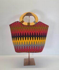 Alternative view of Bolso Tote "Zigzag Étnico" – Print Africano Amarillo, Rojo y Azul con Asas de Madera